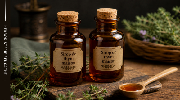 Sirop de thym maison en flacon pour soulager la toux et le mal de gorge naturellement en hiver - Herboristerie Sensathé